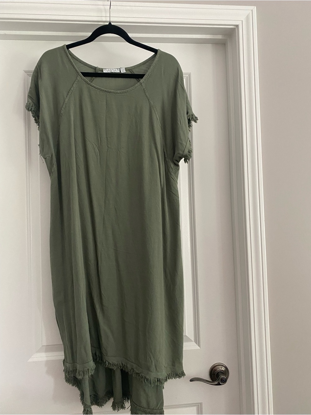 Vasna Olive Green Midi Dress - Lightweight Fringe Hem linen/cotton blend